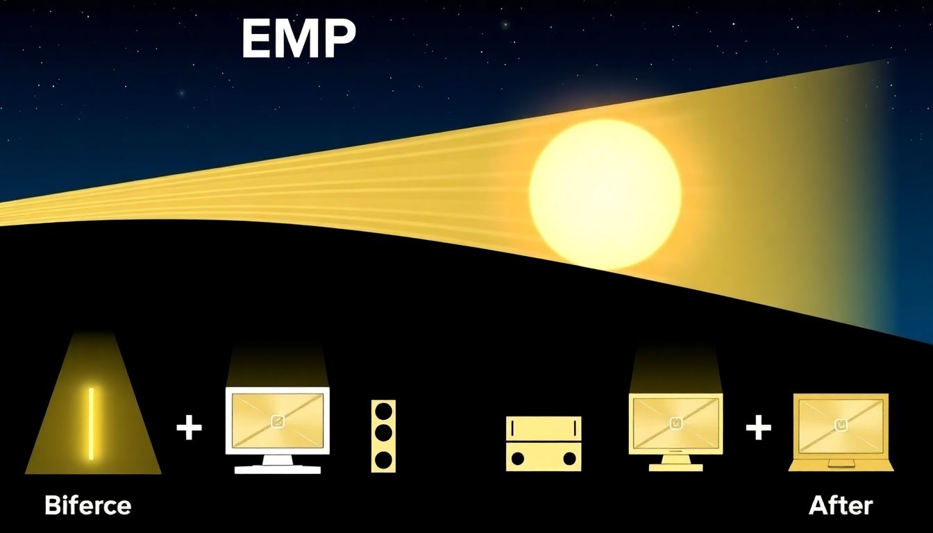 An animated infographic showing the path of an EMP wave, with before-and-after illustrations of affected electronic devices.