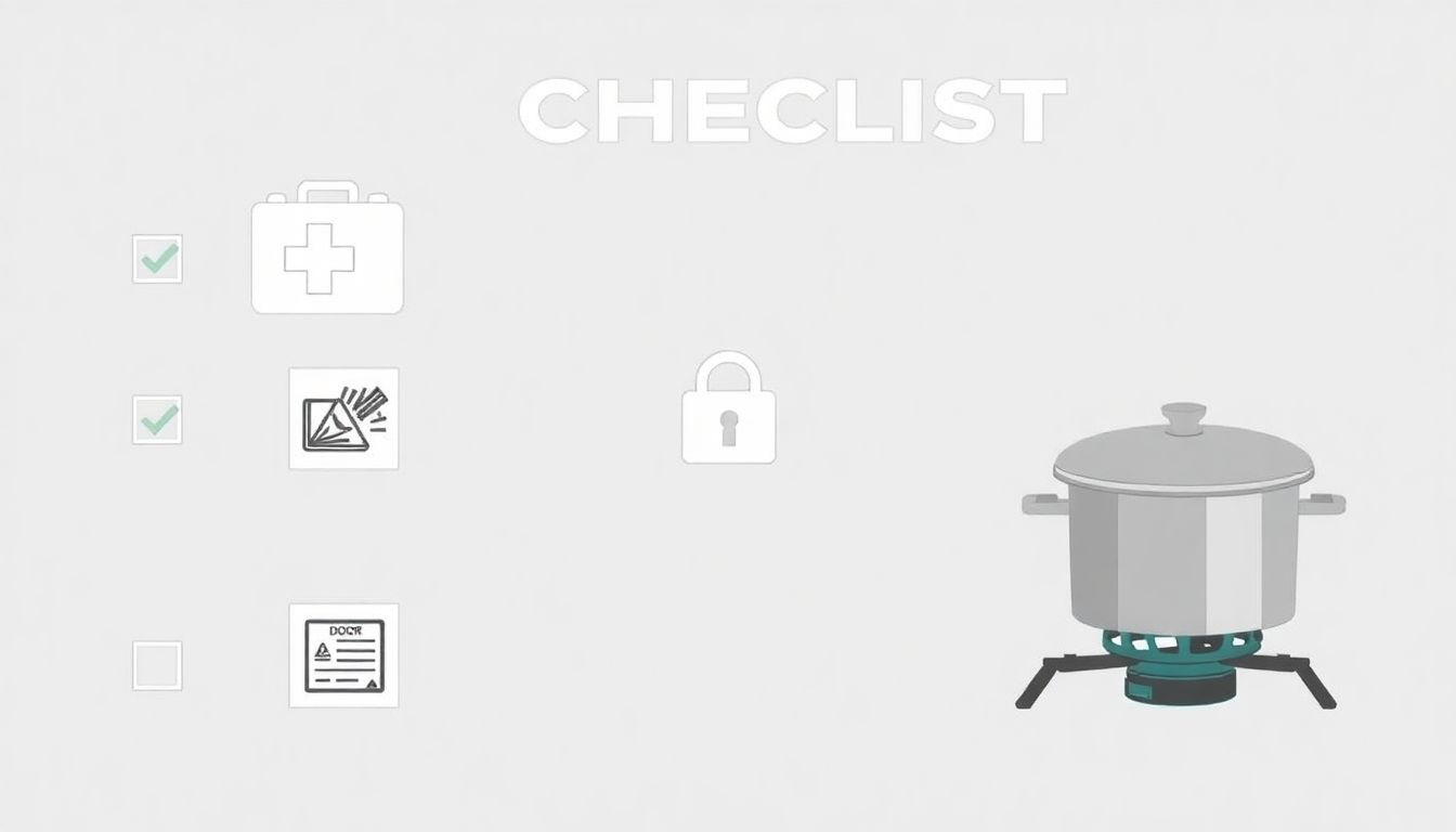 A checklist with icons representing each step, such as a first aid kit, a locked door, and a covered pot on a camp stove.