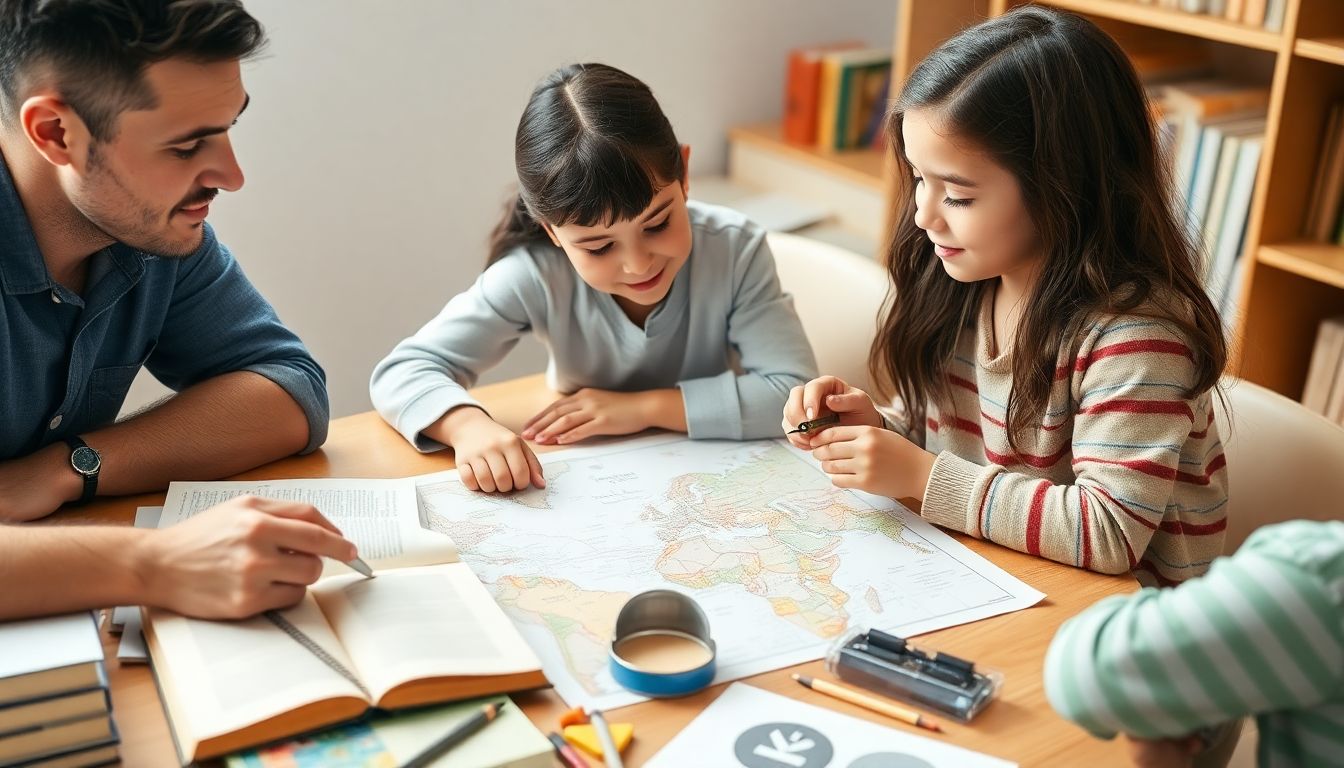 A family learning together, with books, maps, and educational tools laid out on a table, and a person teaching a child how to use a compass.