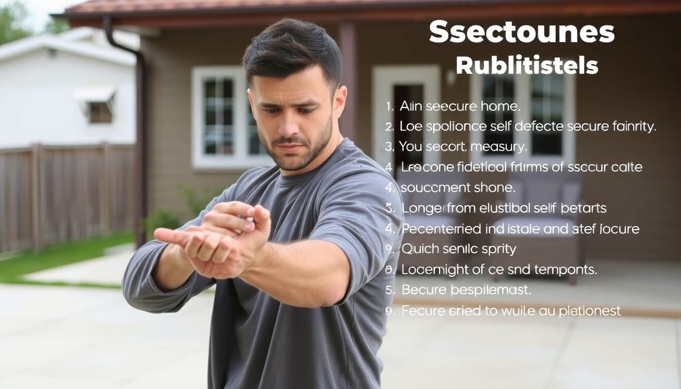 A person practicing self-defense moves, with a secure home in the background, and a list of security measures and their importance.