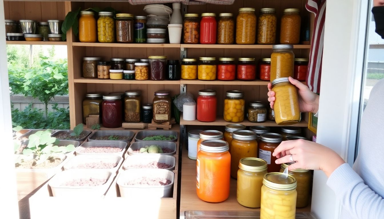 A well-stocked pantry with a variety of preserved foods, a garden with raised beds and a greenhouse, and a person canning jars of food.