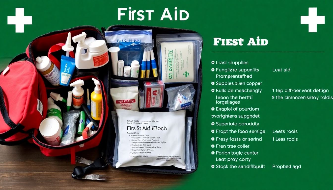 A well-stocked first aid kit, with a person administering first aid to another, and a list of medical supplies and their uses.