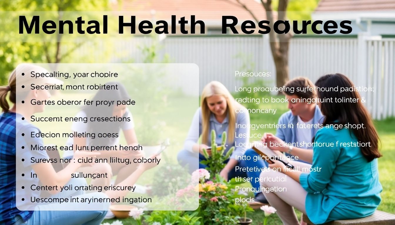 A group of people engaging in a recreational activity, such as playing music or gardening, with a list of mental health resources and their importance.