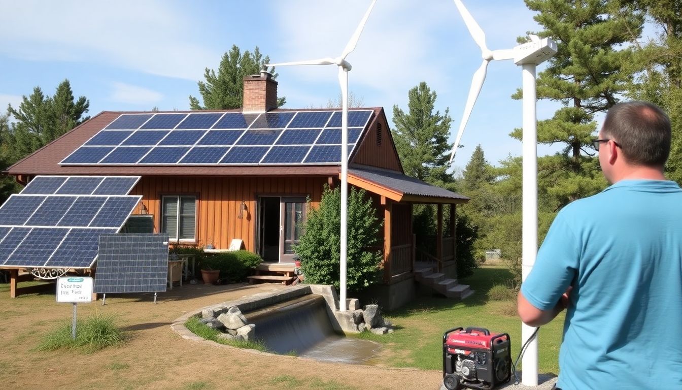 A homestead with solar panels, a wind turbine, a small hydroelectric dam, and a backup generator, with a person monitoring the power output.