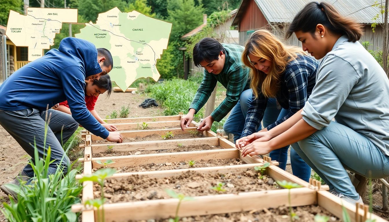 A group of people working together on a community project, such as building a greenhouse or repairing a road, with a map of their community in the background.