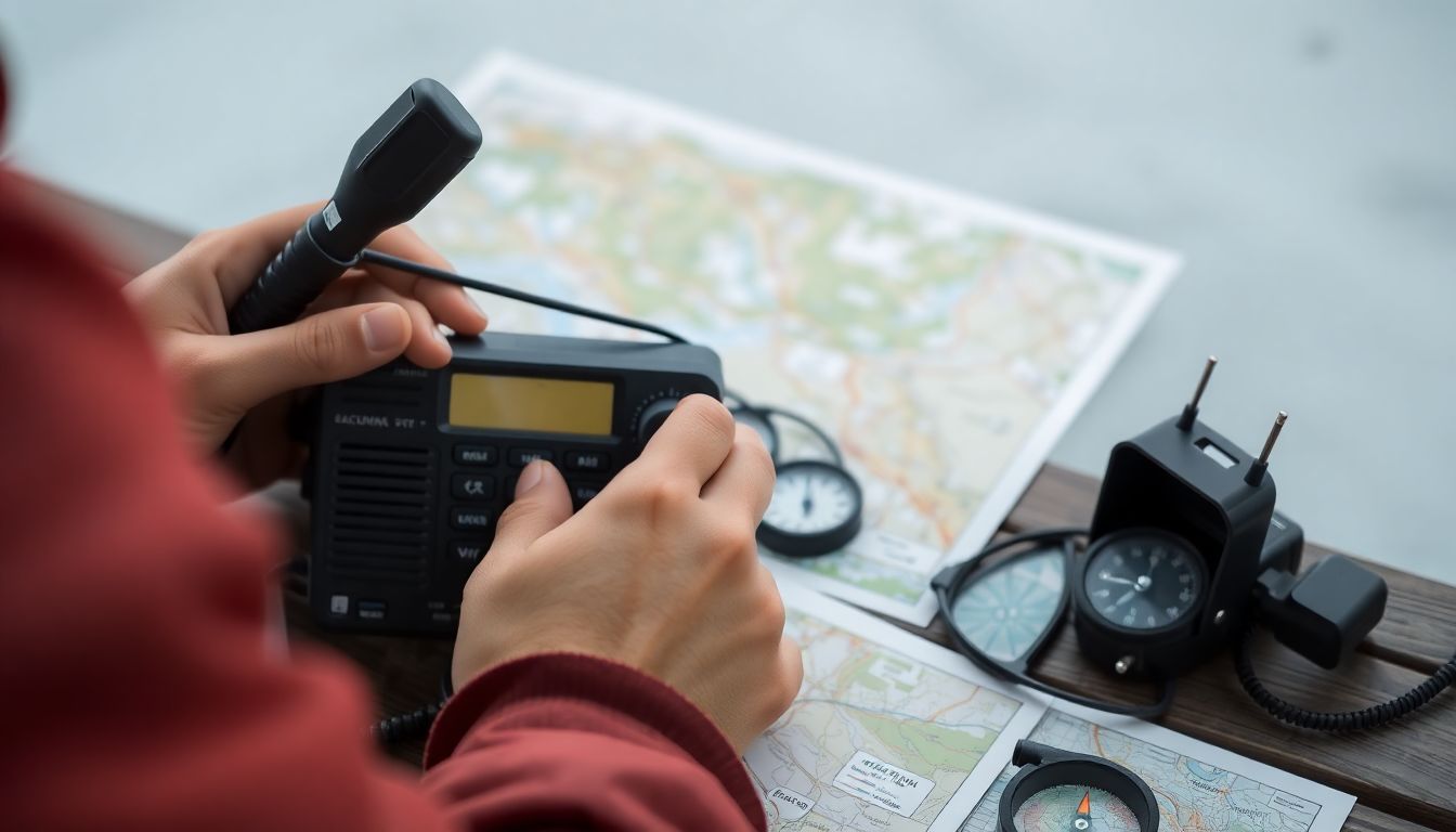 A person using a ham radio to communicate with others, with a map and a compass laid out on a table.