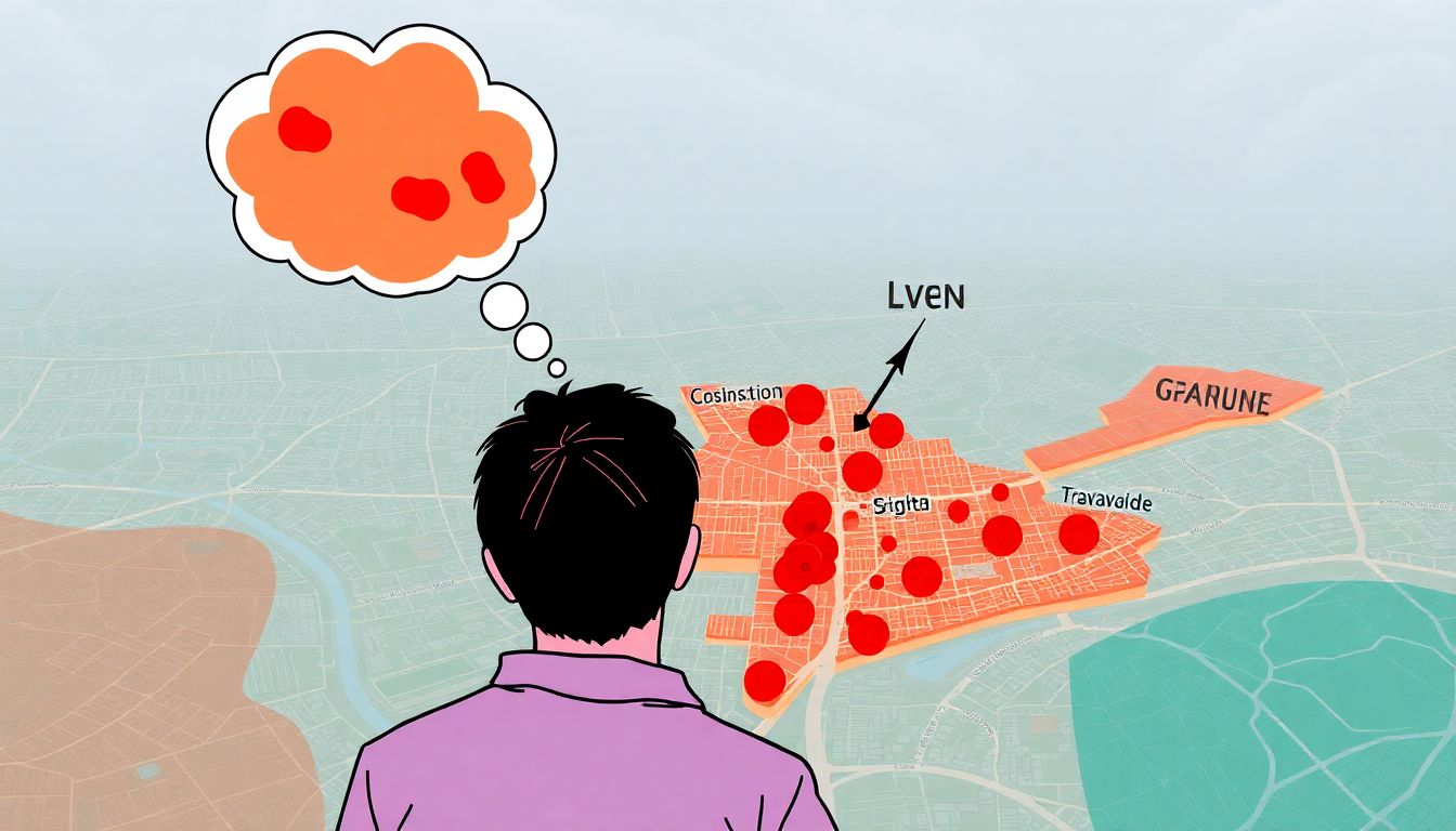 A thought-provoking illustration of a person looking at a map of their city, with areas of high and low risk highlighted.