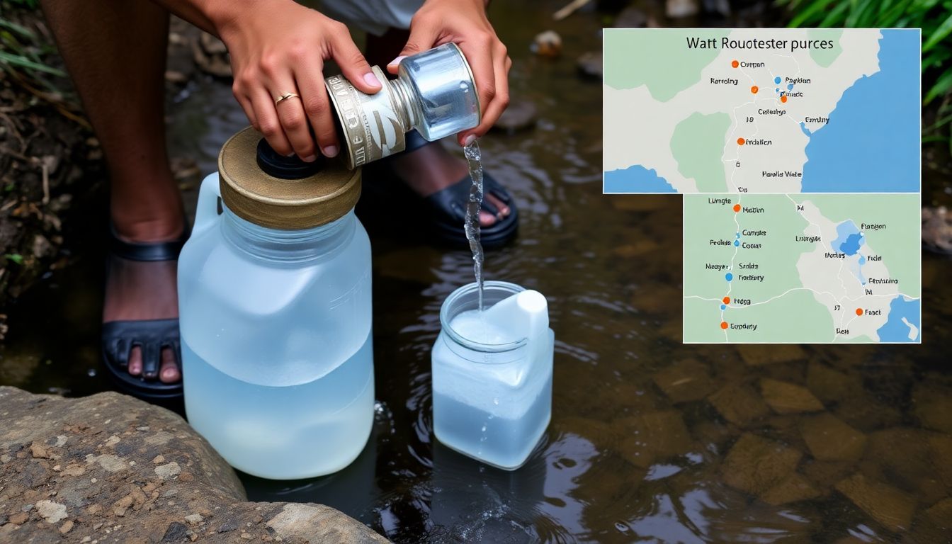 A person collecting water from a stream using a makeshift filter, with a jug of purified water and a map of local water sources in the background.