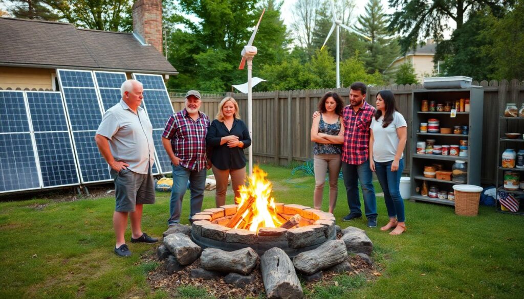 A family standing around a makeshift campfire in their backyard, surrounded by solar panels, a wind turbine, and a well-stocked pantry, with a concerned but determined look on their faces, as they plan their next steps in case of an EMP event.