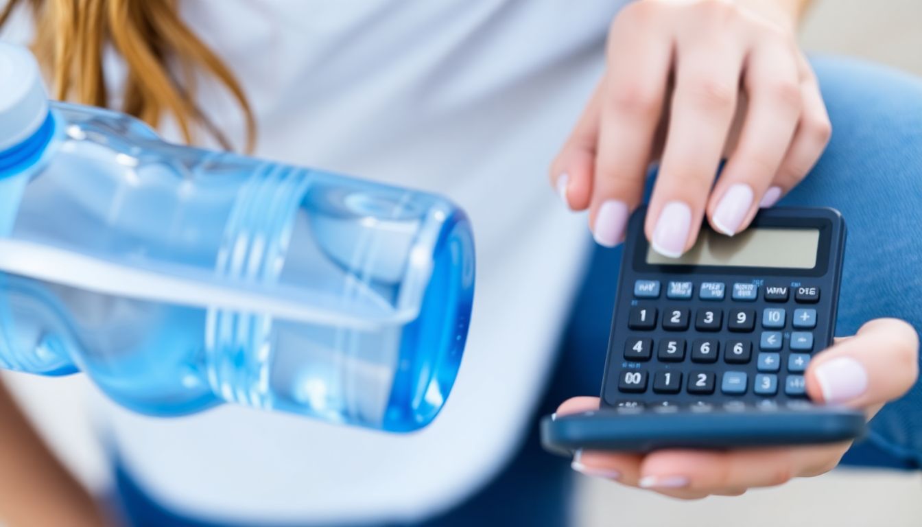 A person using a calculator and a water bottle to determine their daily water needs.