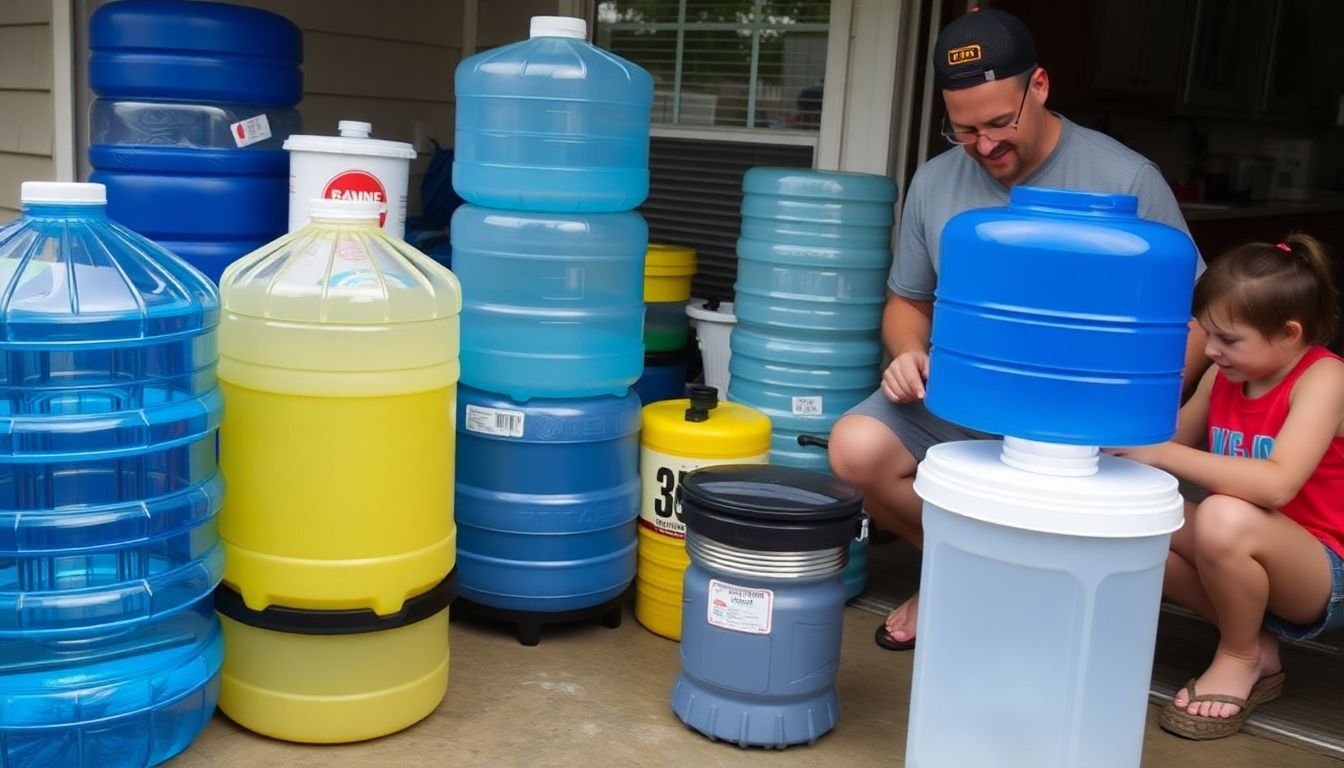 A family preparing their water storage supplies in anticipation of an upcoming hurricane, with various containers and a portable water purifier visible.