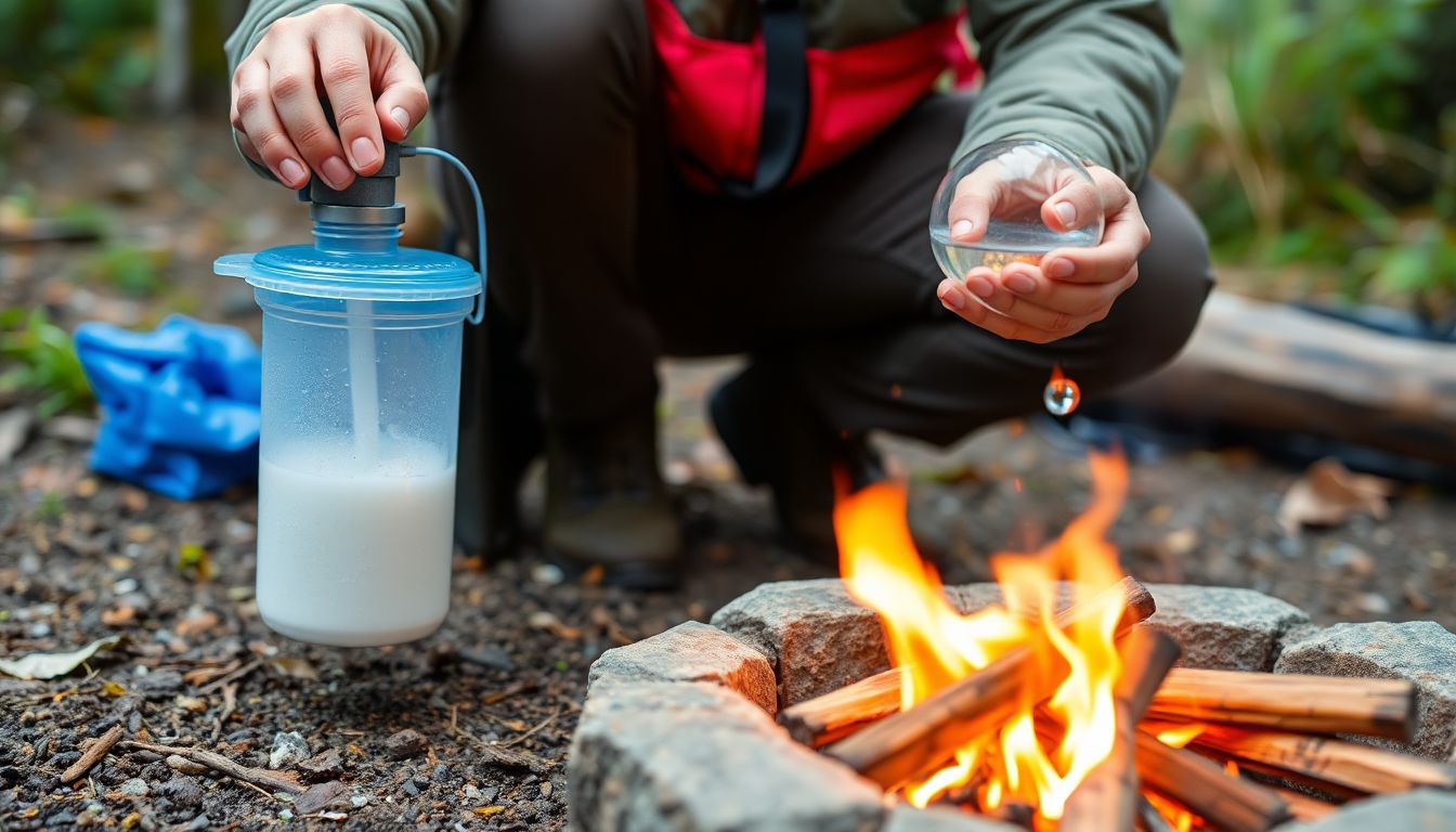 A person demonstrating the process of water purification using a portable filter and a campfire.