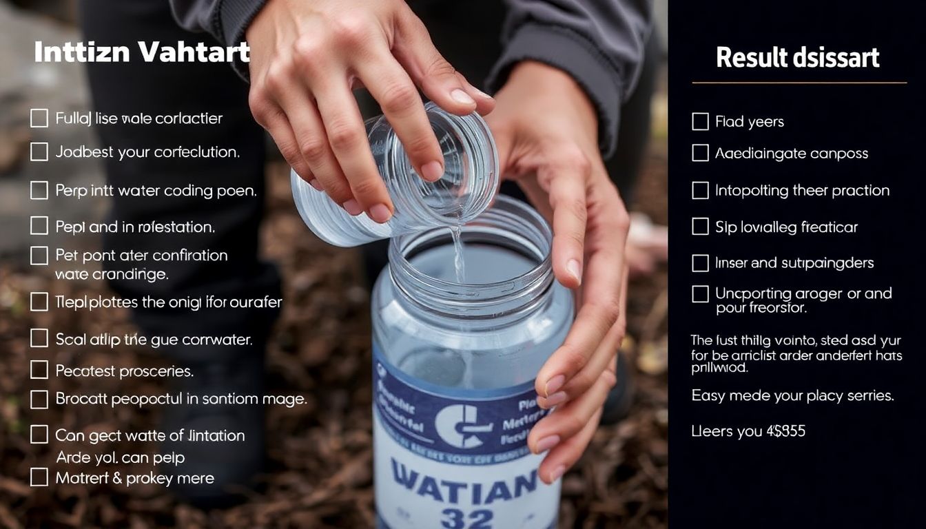 A person carefully filling and sealing a water container, with a checklist of safety measures visible nearby.