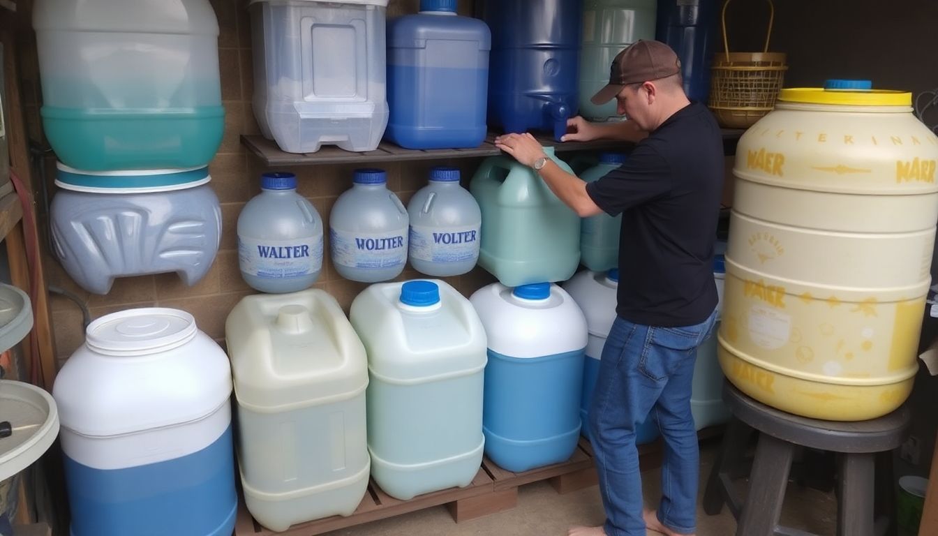 A person organizing their water storage area, moving older containers to the front and newer ones to the back.