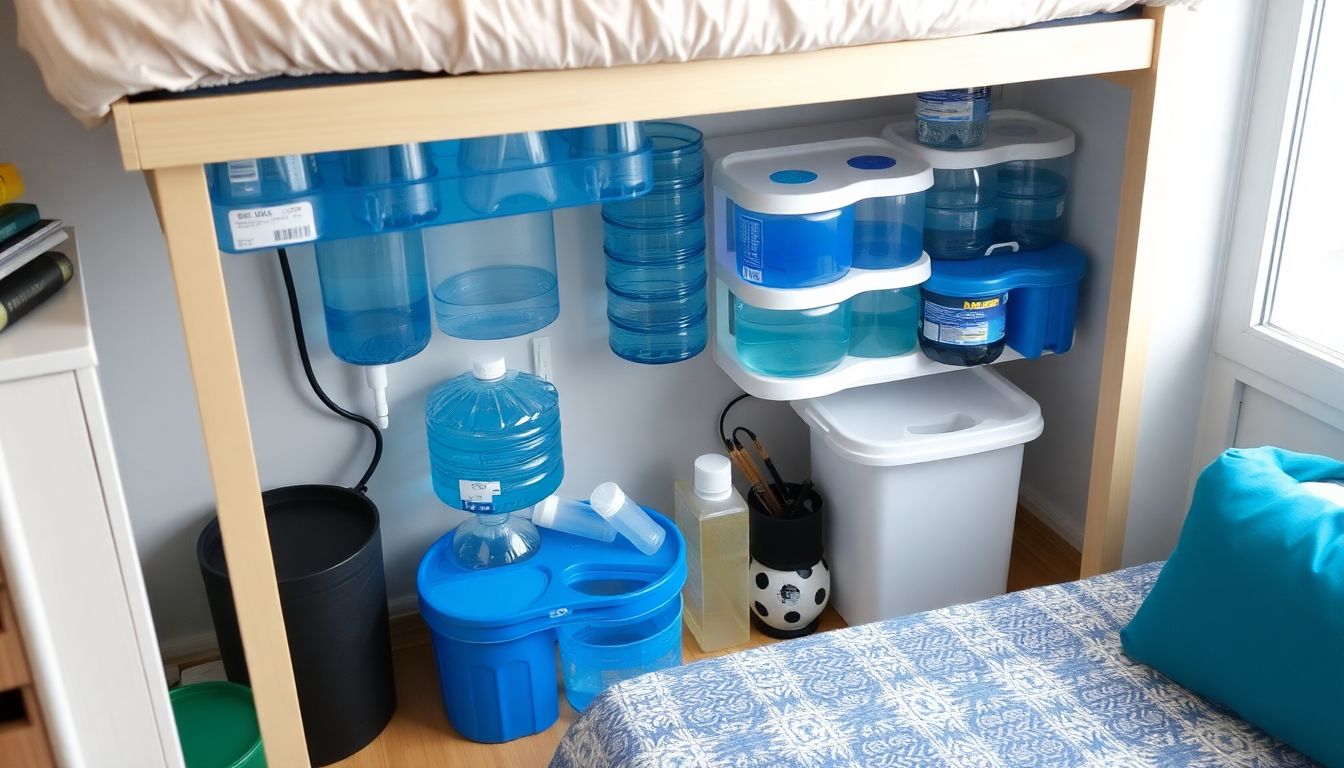 A well-organized water storage setup in a small apartment, utilizing under-bed storage and wall-mounted containers.