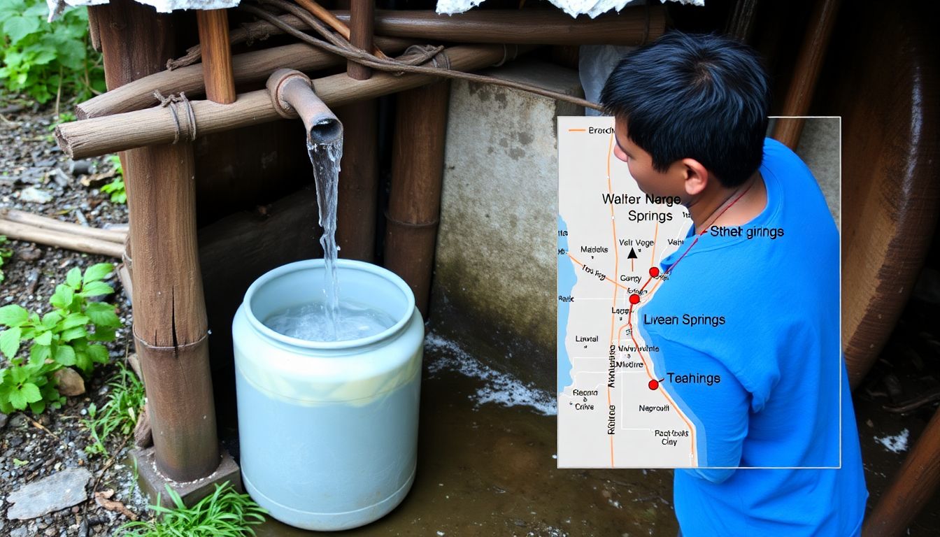 A person collecting rainwater from a makeshift rainwater harvesting system, with a nearby map showing the location of nearby wells and springs.