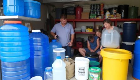 A family preparing and organizing their water storage supplies in a garage, with various containers, purification methods, and a well-stocked shelf visible in the background.