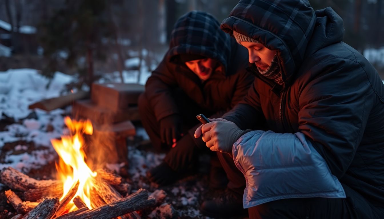 A prepper huddled around a small campfire, wearing insulated clothing and using a heat pack to stay warm.