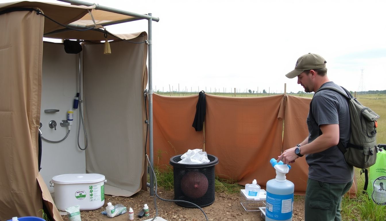 A prepper setting up a makeshift shower and washing station, with hygiene supplies and a water filter visible nearby.