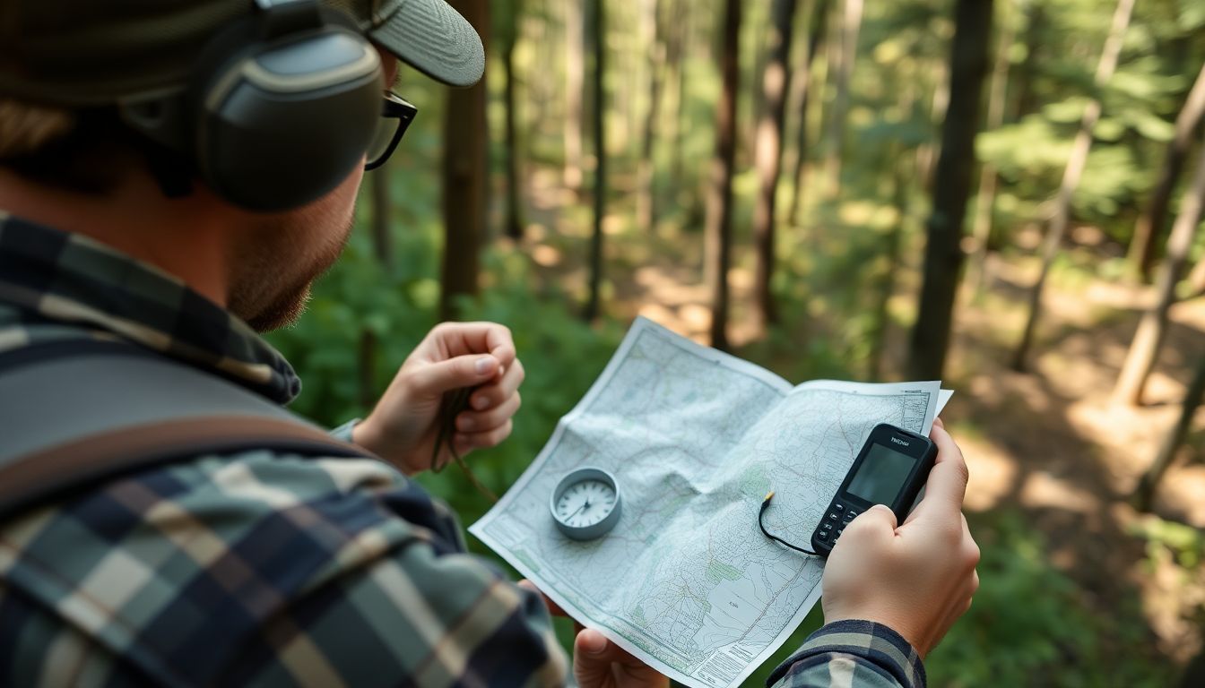 A prepper using a compass and a map to navigate through a dense forest, with a GPS device visible in their backpack.