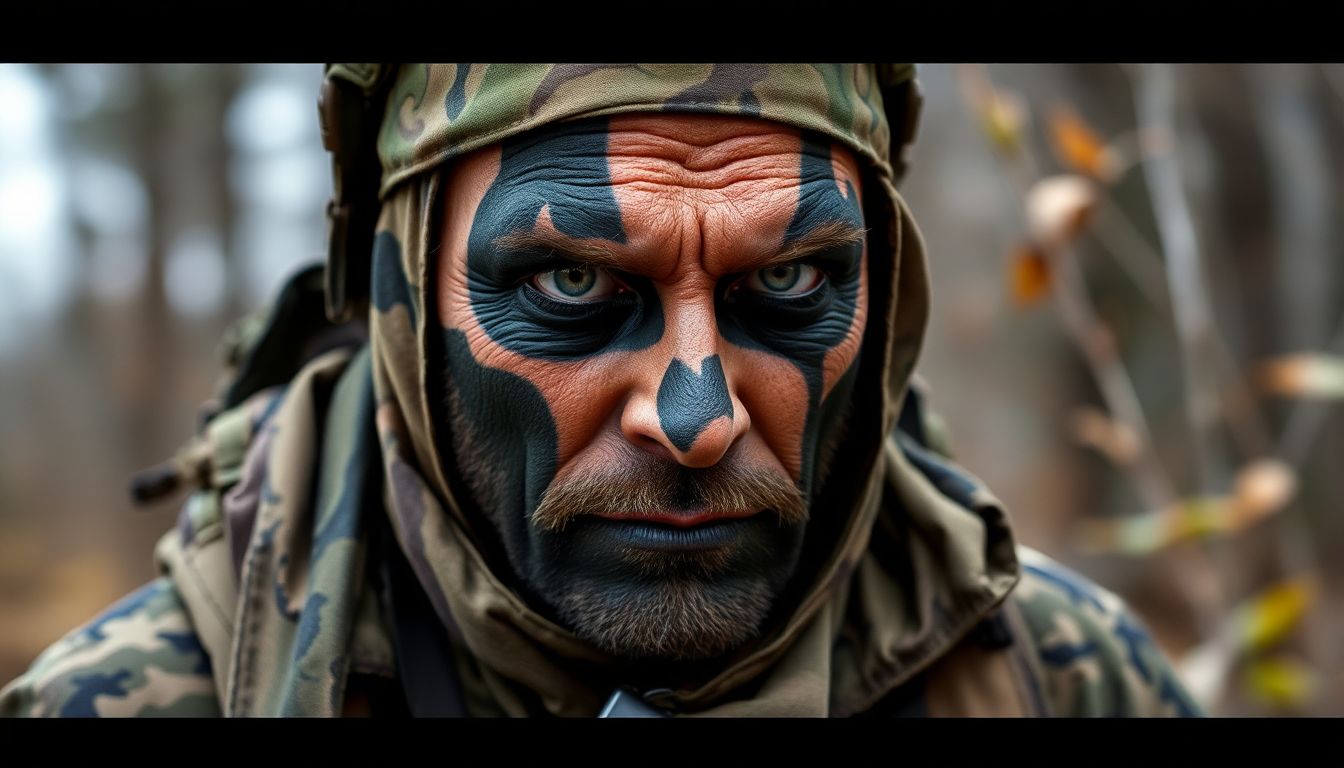 A prepper wearing camouflage clothing and using face paint to blend into their surroundings, with a stealthy and alert expression on their face.