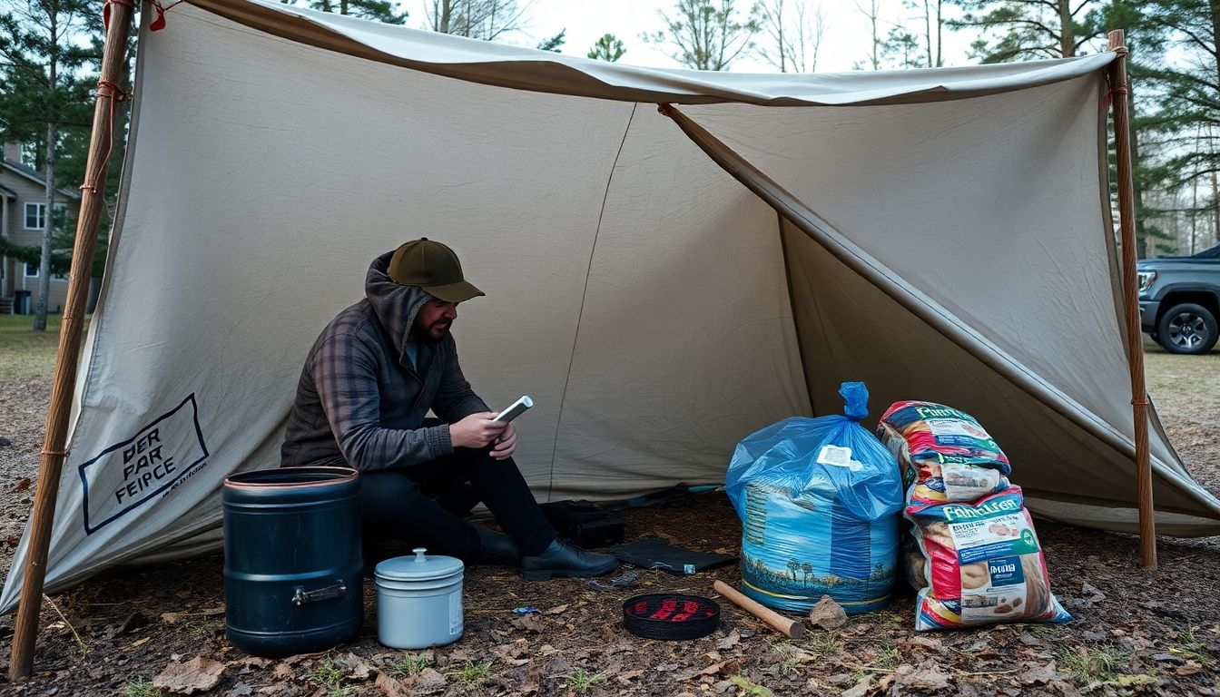 A prepper setting up a tarp shelter, with a water filter and a bag of food supplies nearby.