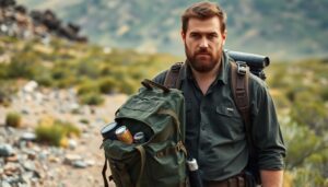 A well-equipped prepper standing in a rugged, wilderness setting, holding a tactical backpack filled with essential gear, with a determined look on their face, ready to face any SHTF scenario.