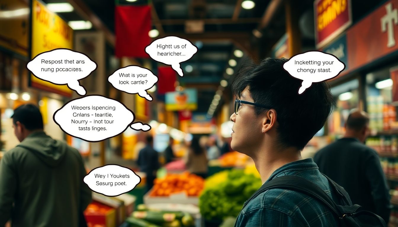 A person looking around attentively in a busy market, with thought bubbles around them showing details they're noticing.