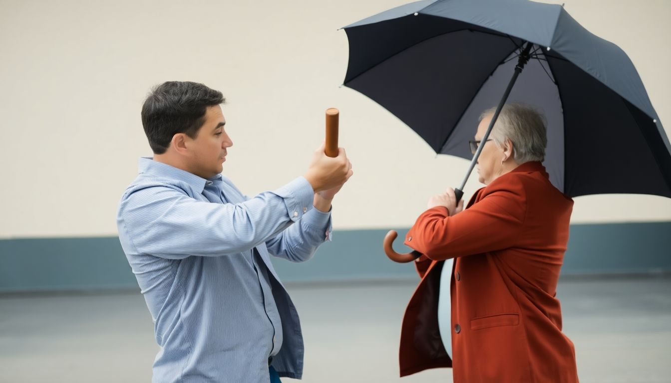 A person using a chair or an umbrella to defend themselves against an attacker, with a blurred background to maintain the focus on the self-defense technique.