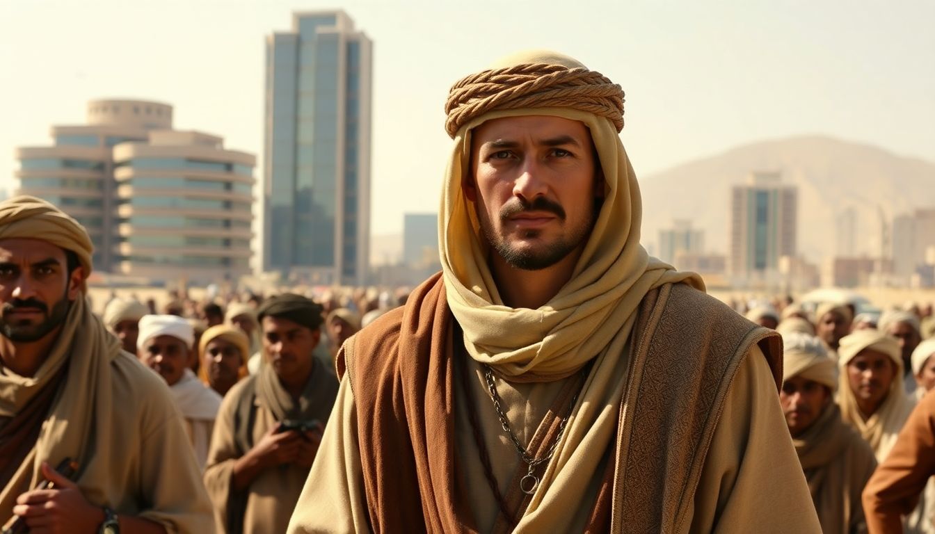 A historical figure like Lawrence of Arabia, dressed in local attire, blending with the local population, with a modern cityscape in the background to symbolize the timelessness of the strategy.