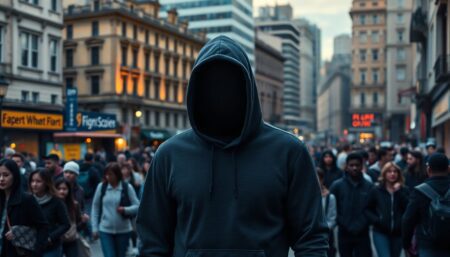 A lone figure in a hoodie, face obscured, walking through a bustling city street at dusk, blending seamlessly with the crowd. The cityscape is a mix of old and new architecture, with people of all kinds going about their daily lives. The figure's eyes are alert, scanning the environment, embodying the essence of the Gray Man strategy.