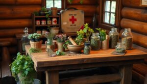 A rustic wooden table in a cozy cabin, surrounded by potted herbs, a mortar and pestle, and various glass jars filled with dried herbs and flowers, with a first aid kit in the background.