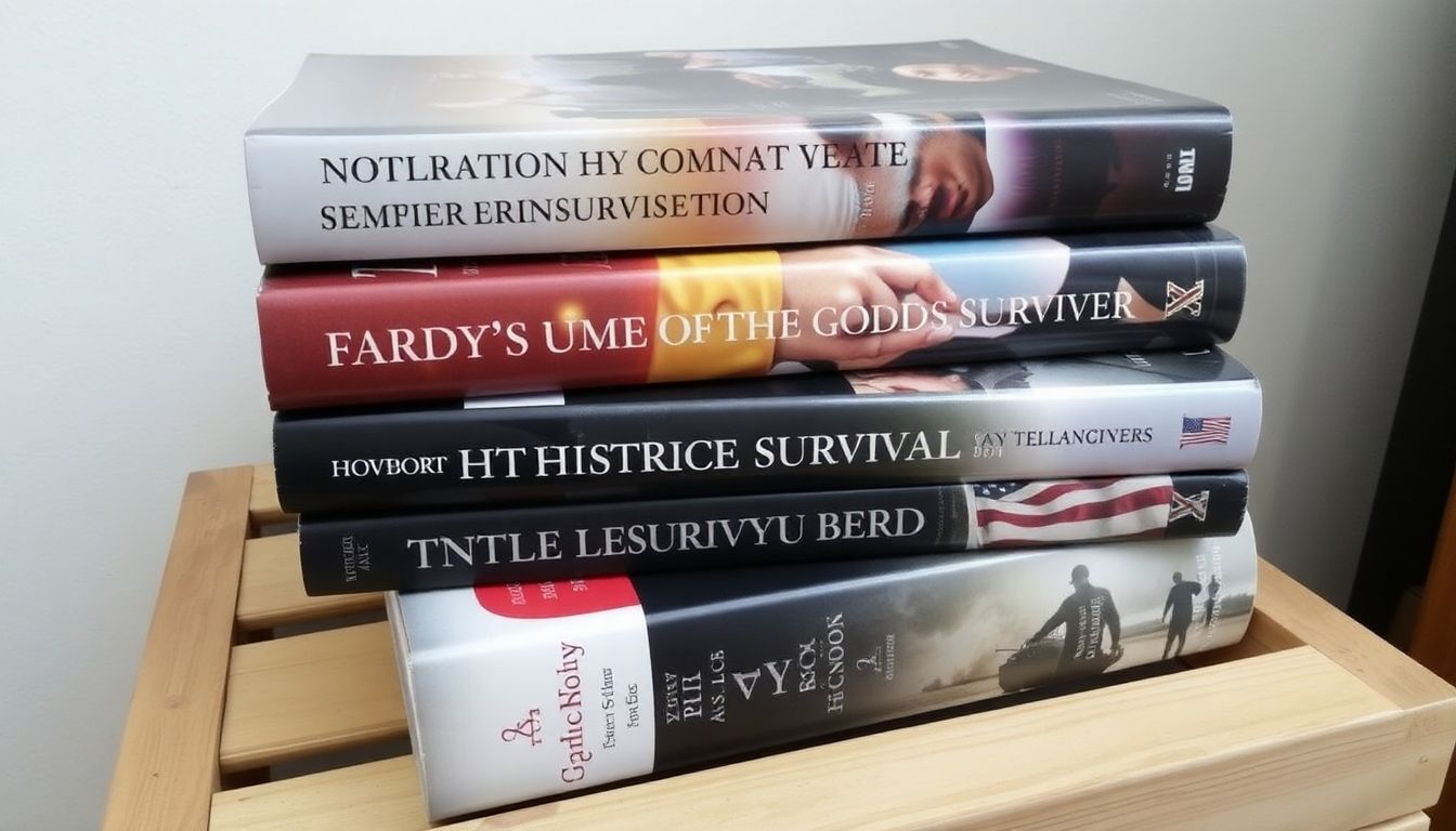 A stack of books with historical themes, including a biography of a famous survivor, a novel about a historical disaster, and a non-fiction account of a real-life survival story, arranged on a wooden crate.