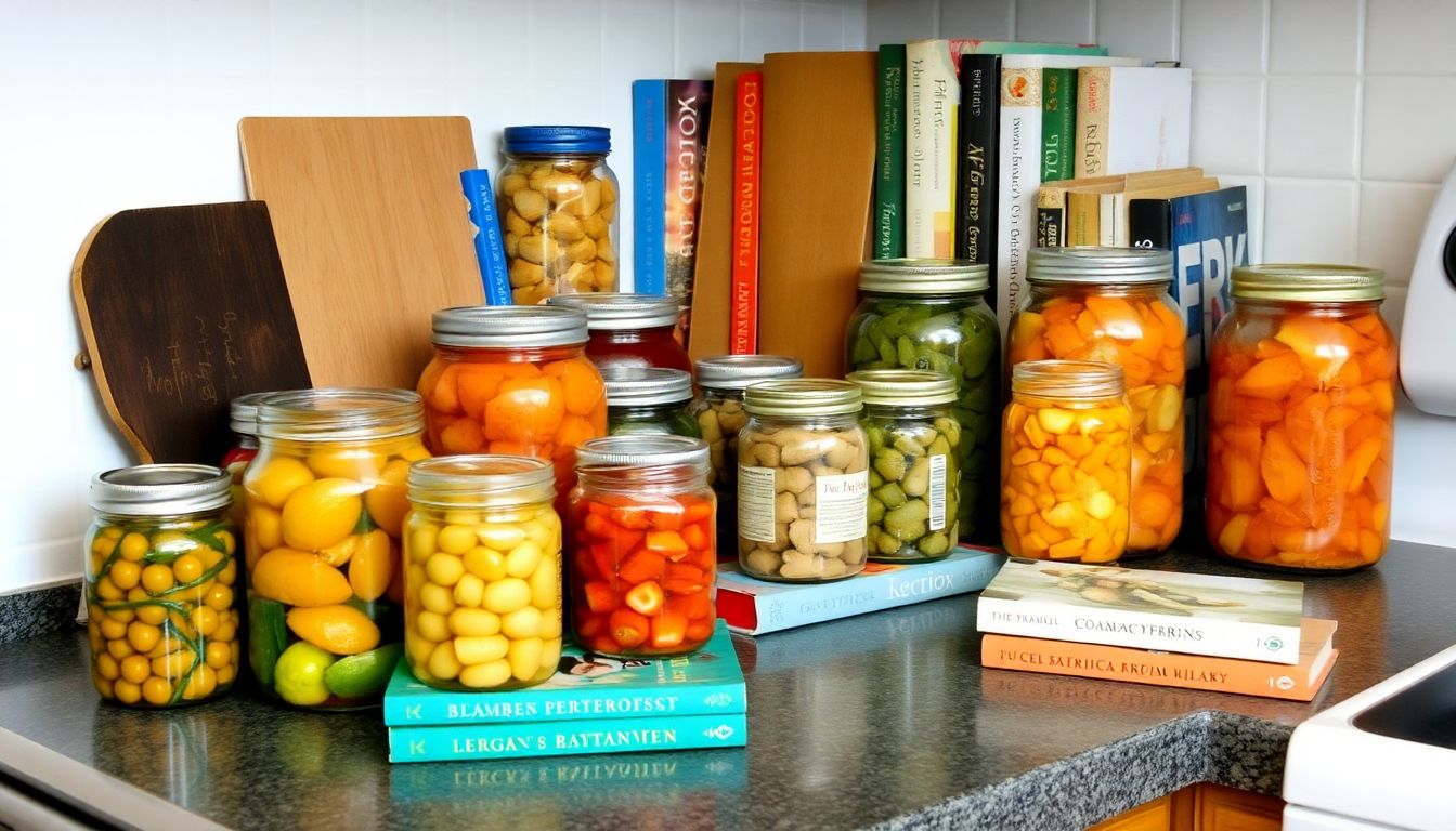 A kitchen counter filled with jars of preserved food, surrounded by books on cooking, foraging, and food preservation.