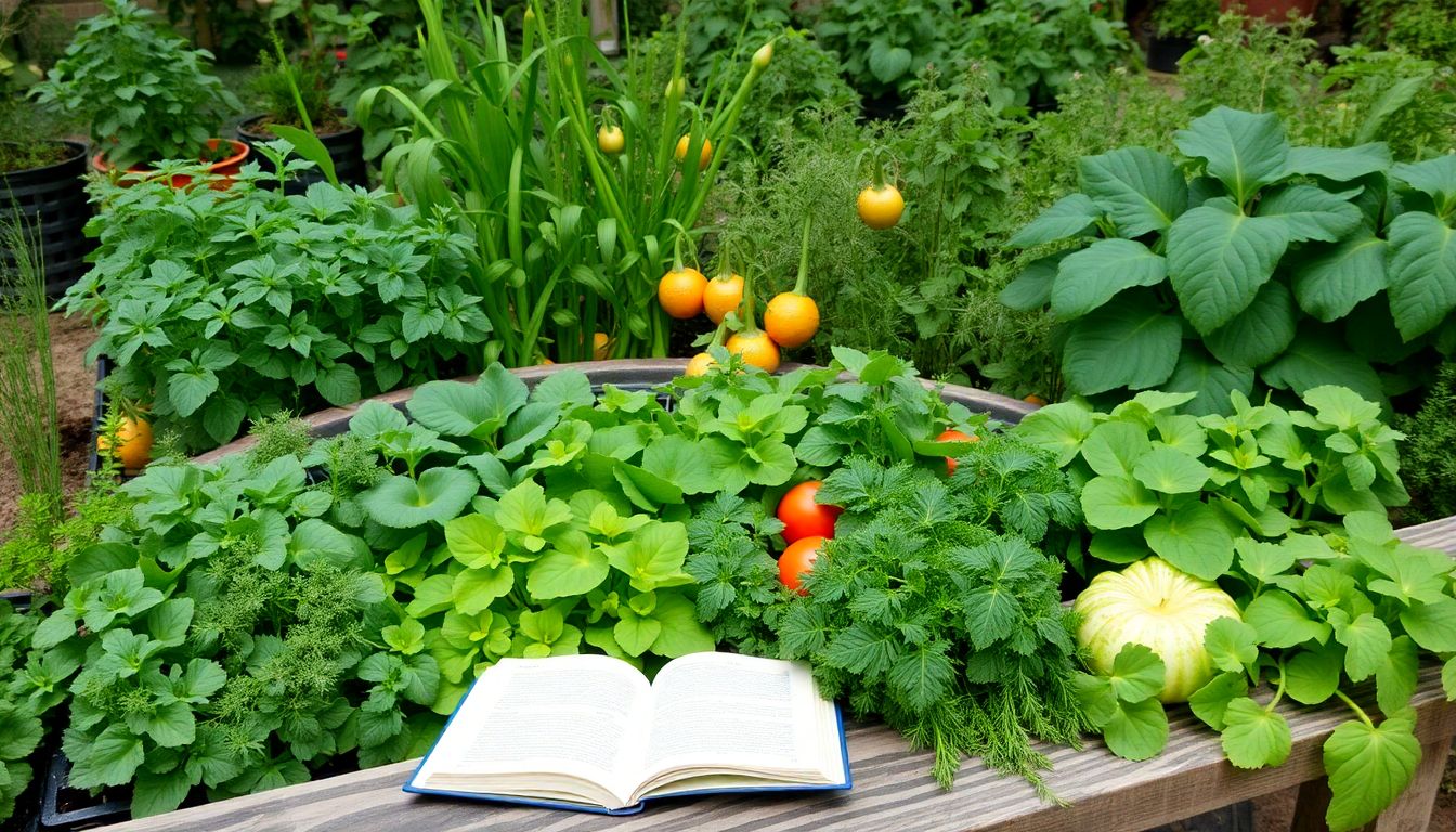 A lush, green garden filled with various vegetables and herbs, with gardening books open on a nearby bench.