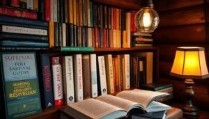 A well-stocked bookshelf, filled with a diverse range of books, in a cozy, rustic cabin. The books should be a mix of survival guides, medical manuals, gardening books, and historical accounts of resilience. A warm, inviting lamp should be placed nearby, casting a soft glow on the pages of an open book.