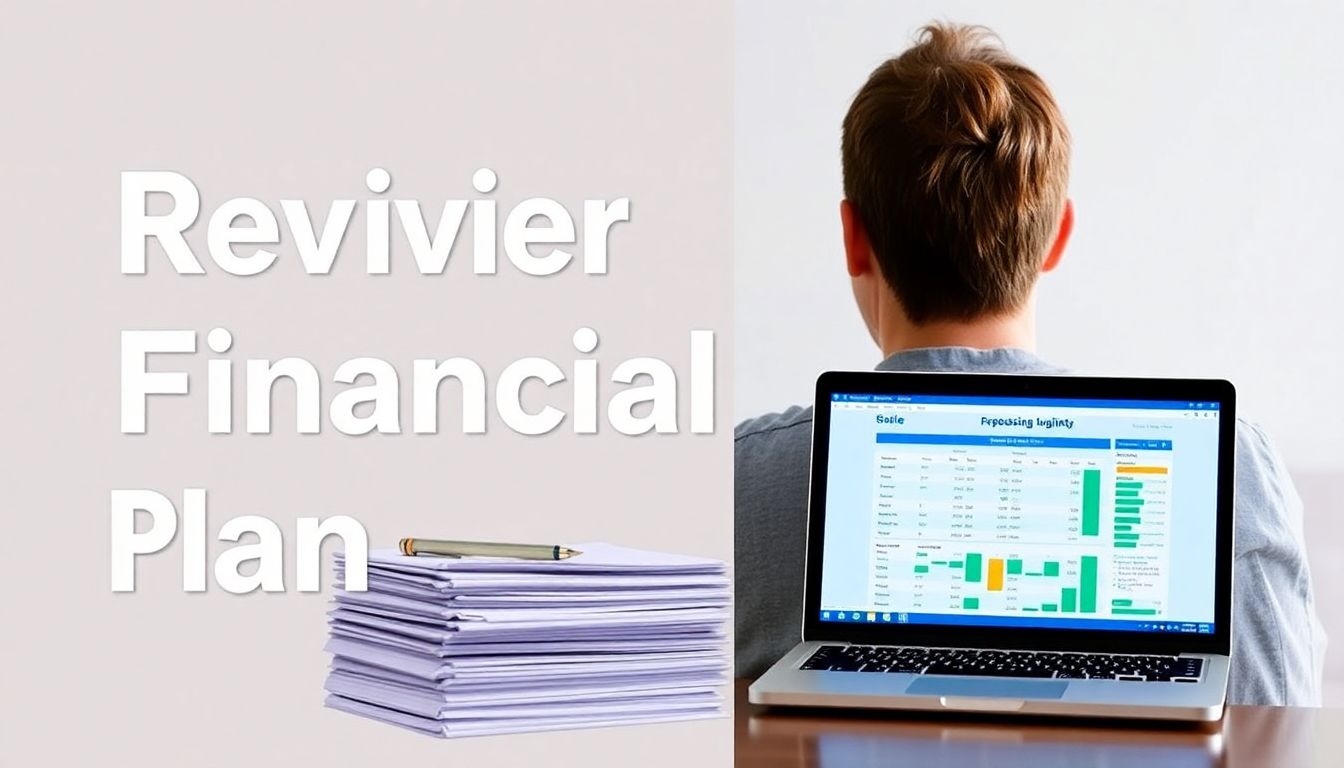 A person looking at a calendar, with a stack of financial documents and a laptop showing a budgeting software, symbolizing the regular review of a financial plan.