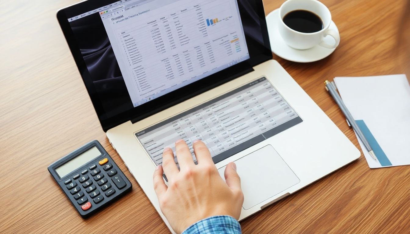 A person looking at a spreadsheet on a laptop, with a calculator and a cup of coffee nearby, symbolizing the process of assessing one's finances.