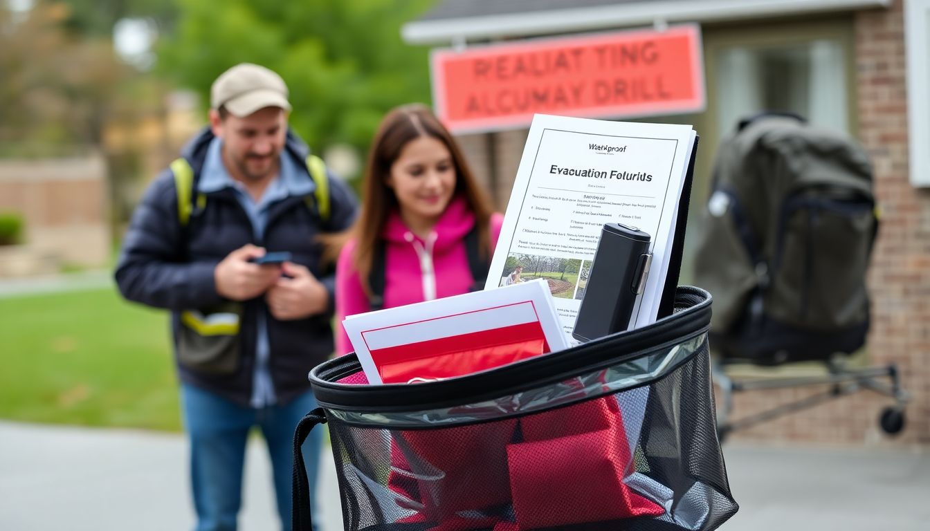 A family practicing an evacuation drill, with an emergency kit and important documents in a waterproof container, symbolizing preparation for emergencies.