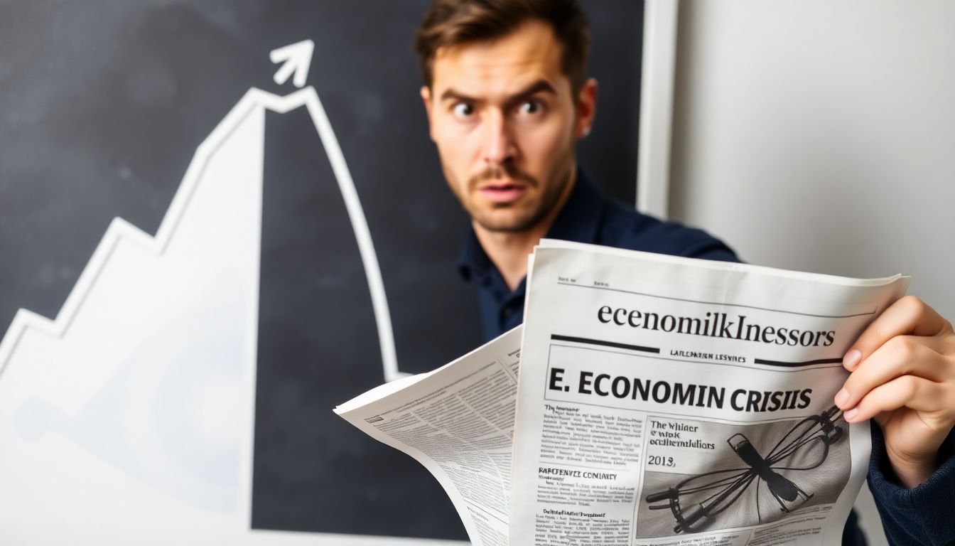 A graph showing a steep economic downturn, with a person looking worriedly at it, holding a newspaper with a headline about an economic crisis.