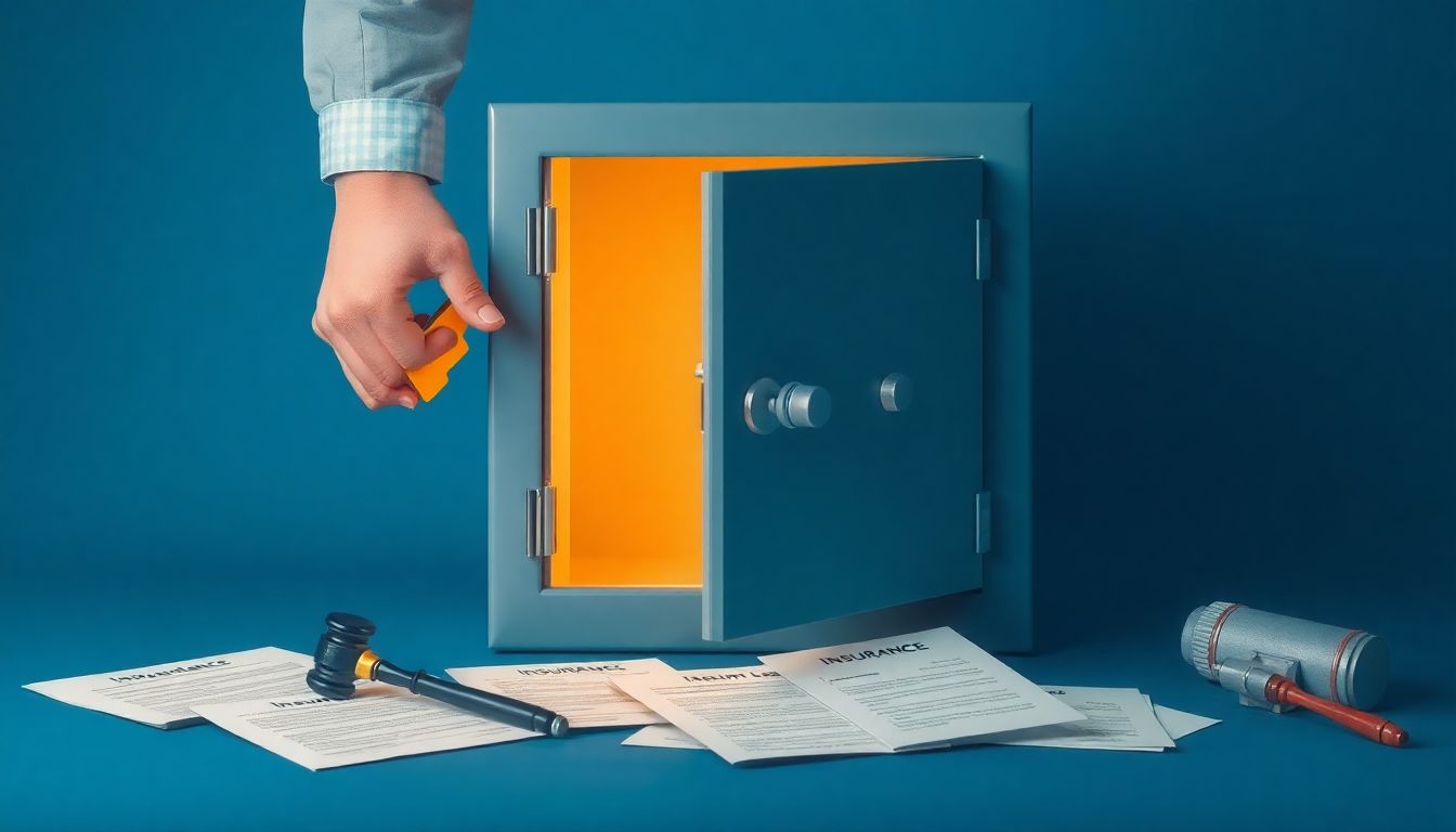 A person locking a safe, with various types of insurance policies and legal documents scattered around, symbolizing asset protection.