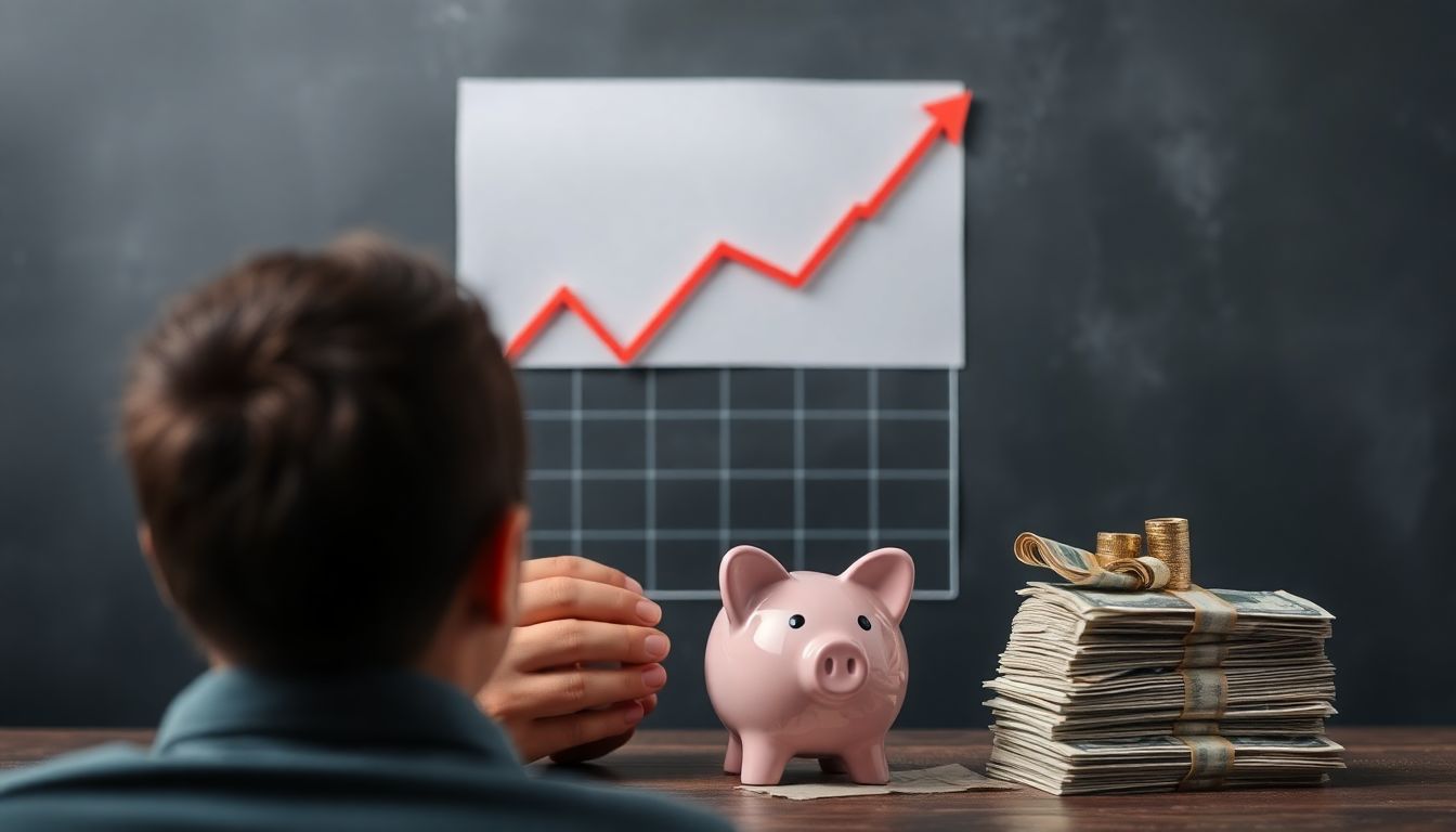 A person looking at a graph showing rising prices, with a piggy bank and a stack of cash nearby, symbolizing preparation for inflation.