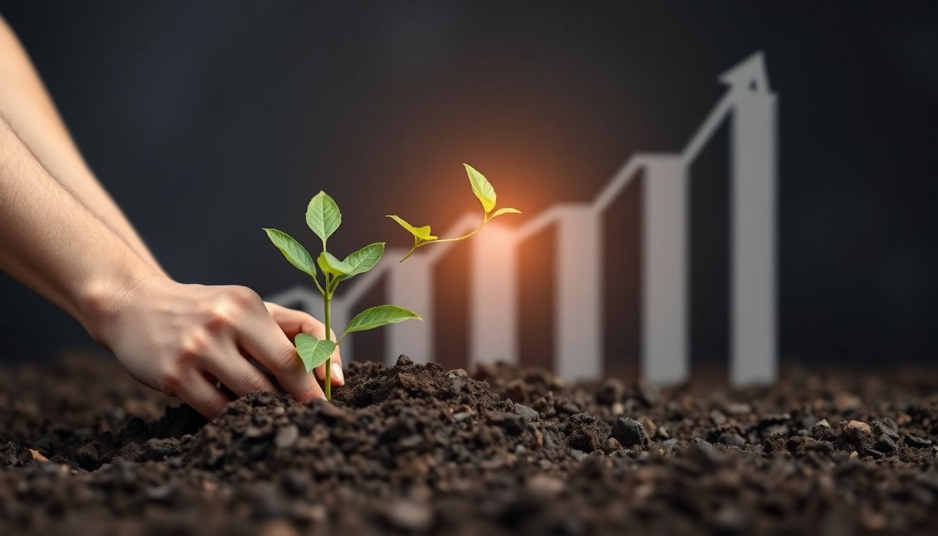 A person planting a tree, with a graph showing its growth over time in the background, symbolizing long-term investing.