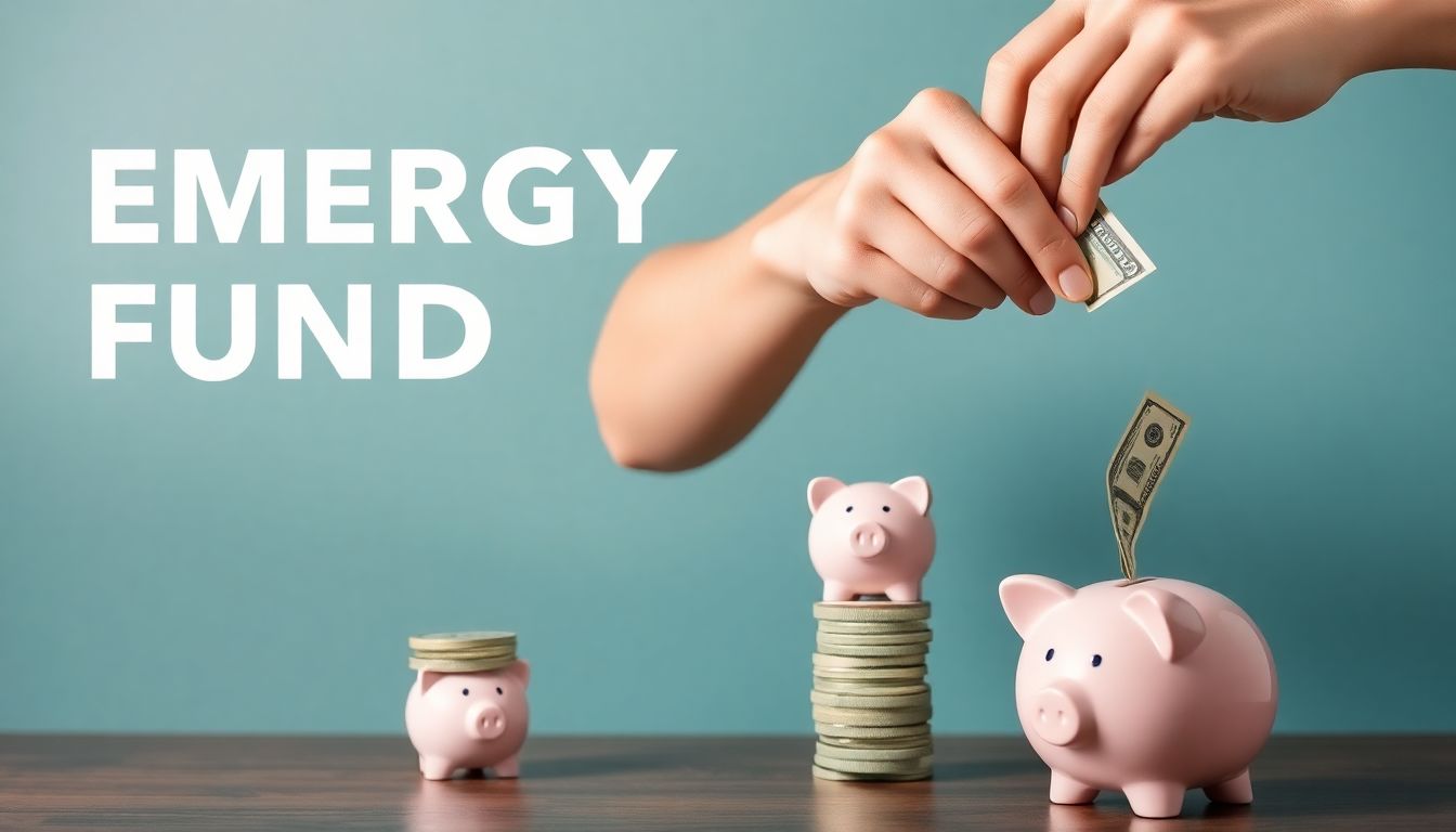 A person putting money into a piggy bank, with a growing stack of piggy banks behind them, symbolizing the growth of an emergency fund.