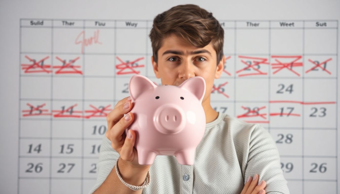 A person holding a piggy bank with a determined look, standing in front of a calendar with crossed-out dates, symbolizing time passing and preparation.