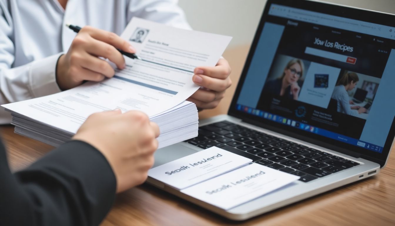 A person updating their resume, with a stack of business cards and a laptop showing a job search website, symbolizing preparation for job loss.