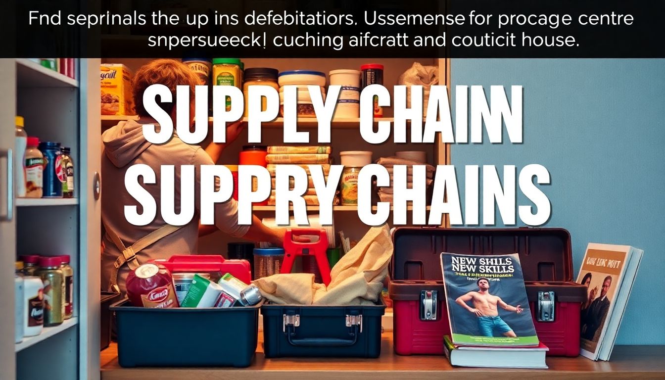 A person stocking up on supplies in a pantry, with a toolbox and a book on new skills nearby, symbolizing preparation for supply chain disruptions.