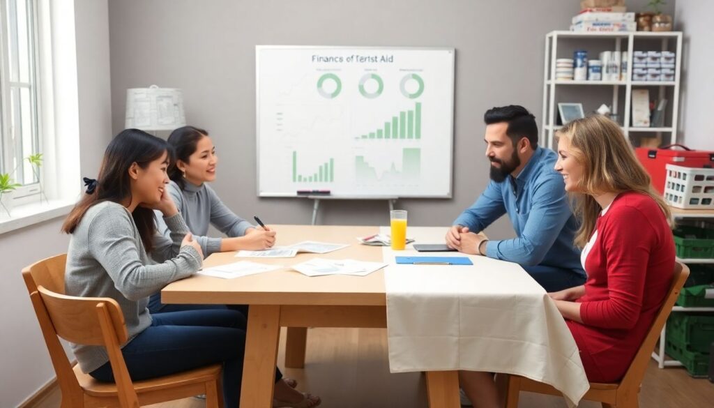 A family sitting around a table, discussing their finances, with charts and graphs on a whiteboard, and a first aid kit and emergency supplies in the background, symbolizing preparedness.