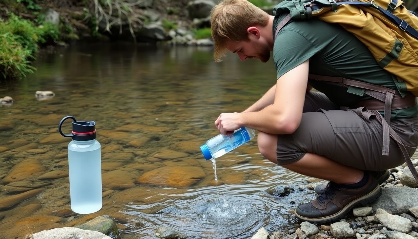 A hiker crouching by a clear stream, filling a water bottle, with a water purification system nearby.