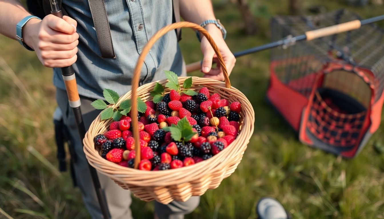 A hiker holding a basket of wild berries, with a fishing rod and a small game trap in the background.